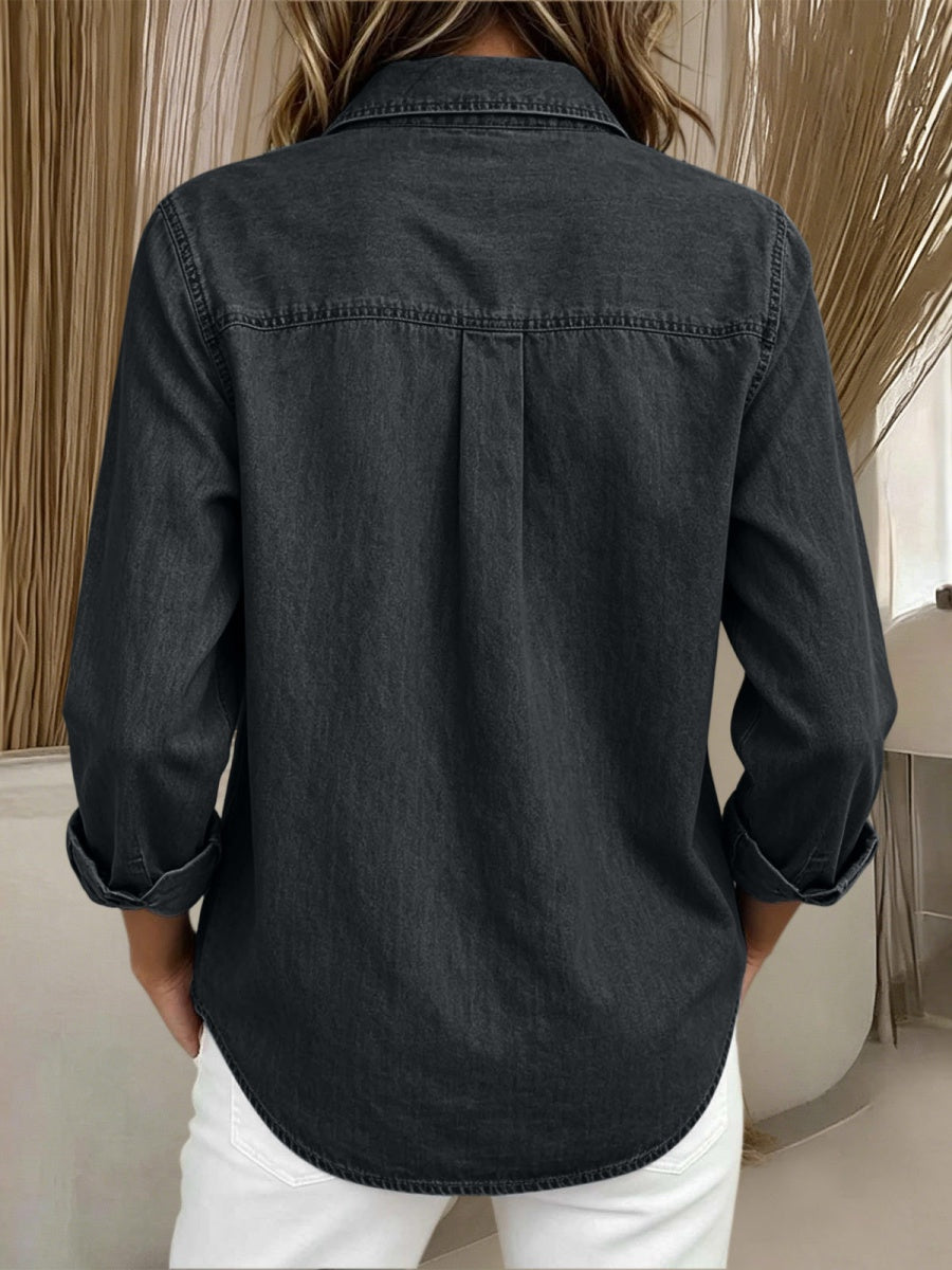Women'S Denim Casual Shawl Collar Plain Shirt