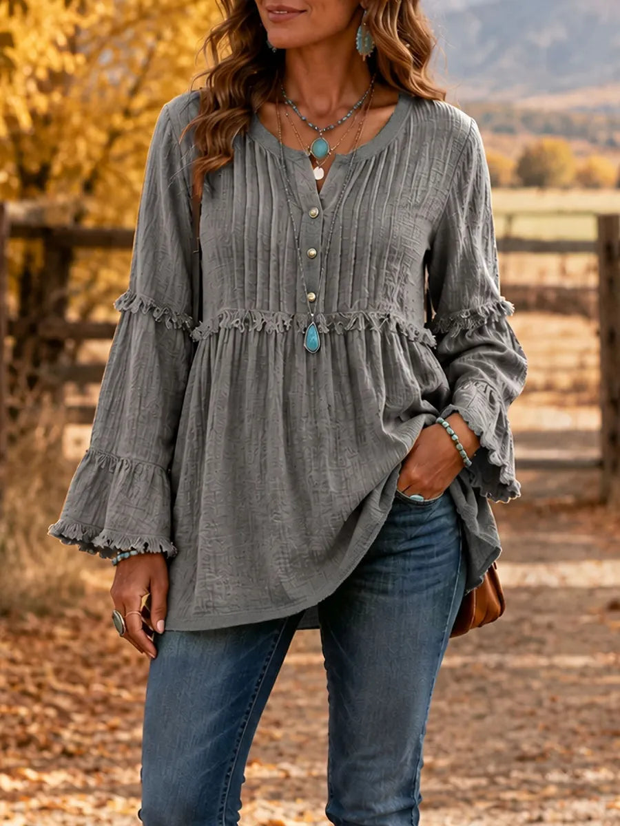 Women'S Casual Solid-Color Long-Sleeve Top, V-Neck, Pleated Design, Cotton-Linen Blend