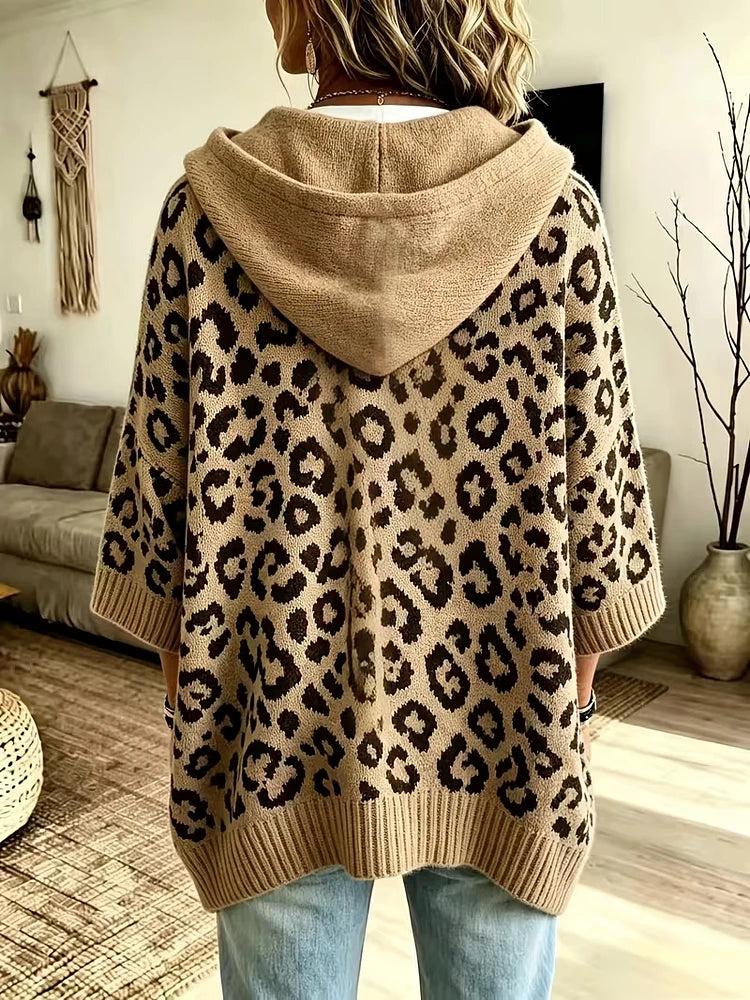 Women's Loose-Fit Leopard Print Knitted Hoodie With Drawstring