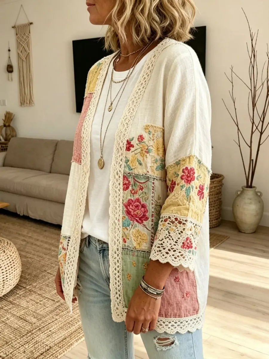 Retro Patchwork Floral V-Neck Cardigan with Lace Trim
