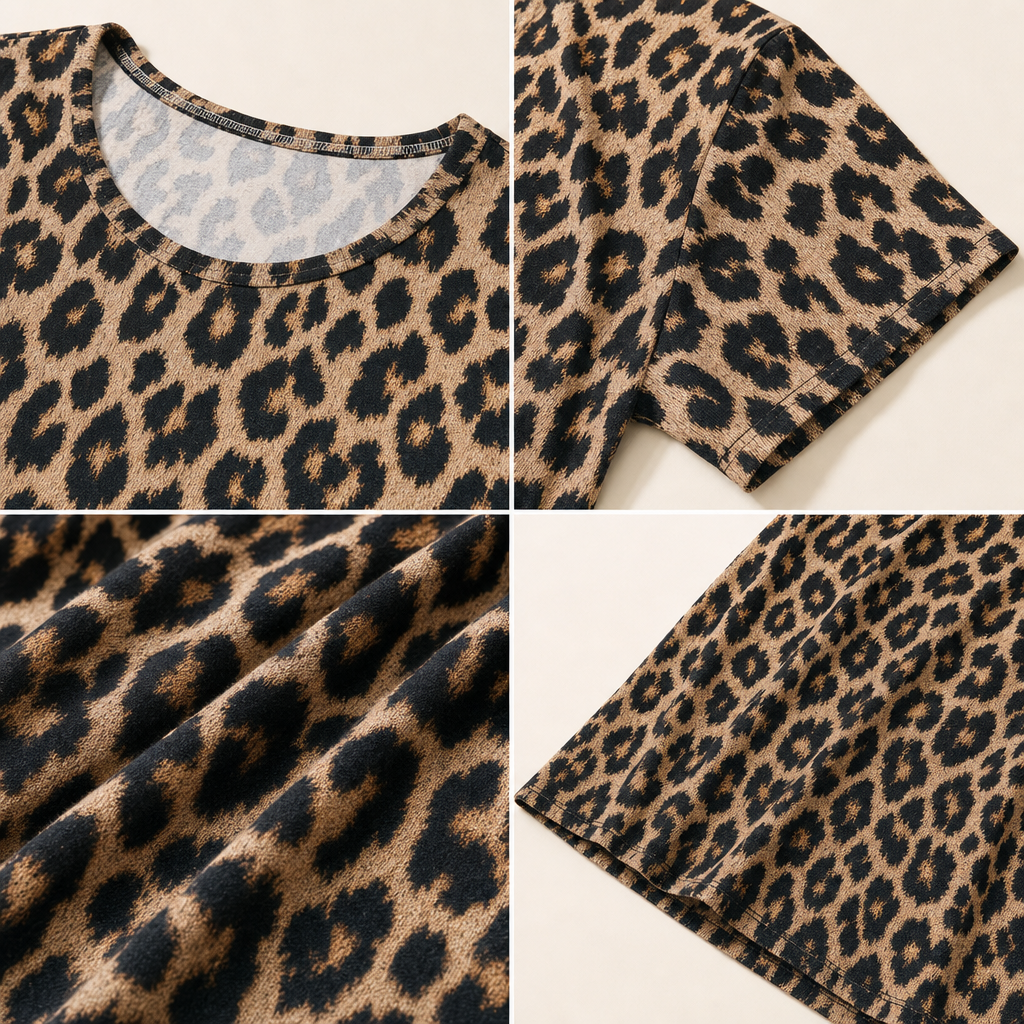 Women’s Leopard Print Maxi Dress with Pockets - Casual Short Sleeve Long Dress