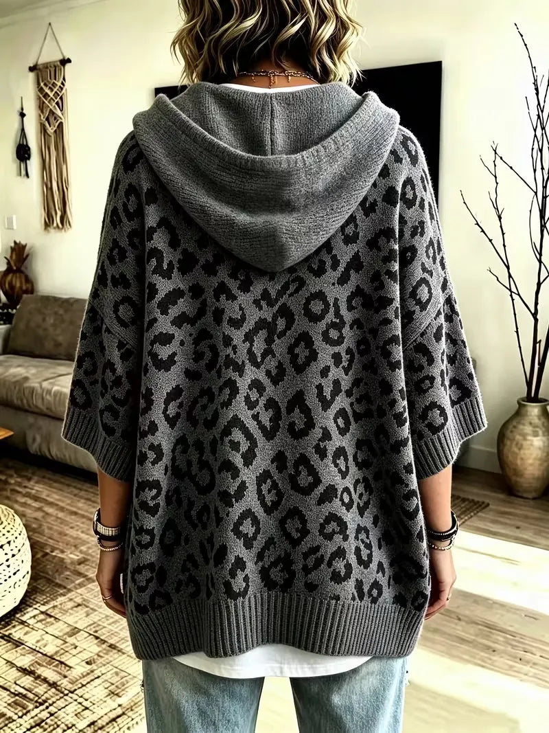 Women's Loose-Fit Leopard Print Knitted Hoodie With Drawstring