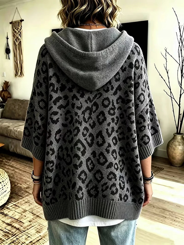 Women's Loose-Fit Leopard Print Knitted Hoodie With Drawstring