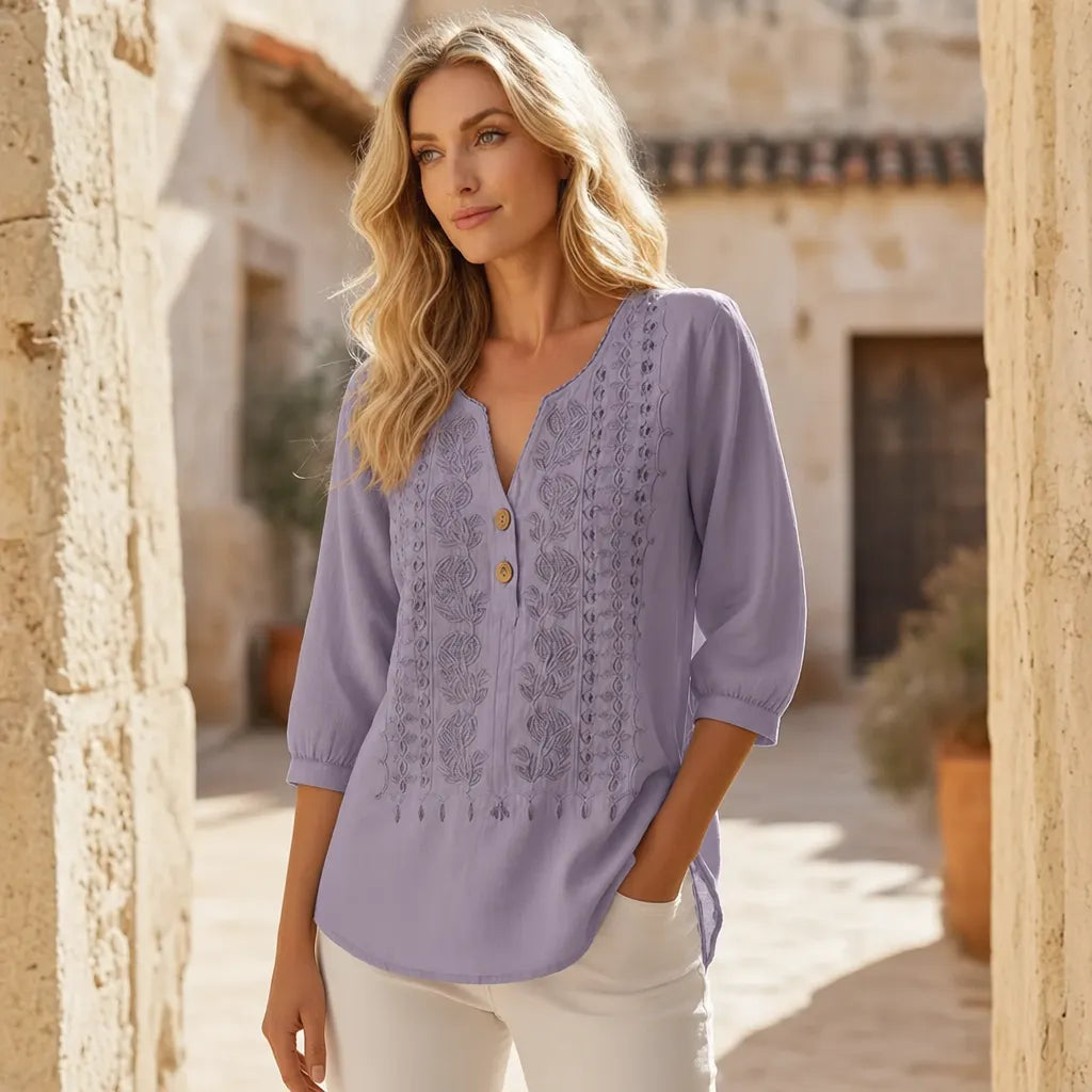 Women's Artistic Print Short Sleeve V-Neck Tee, Breathable Relaxed Fit