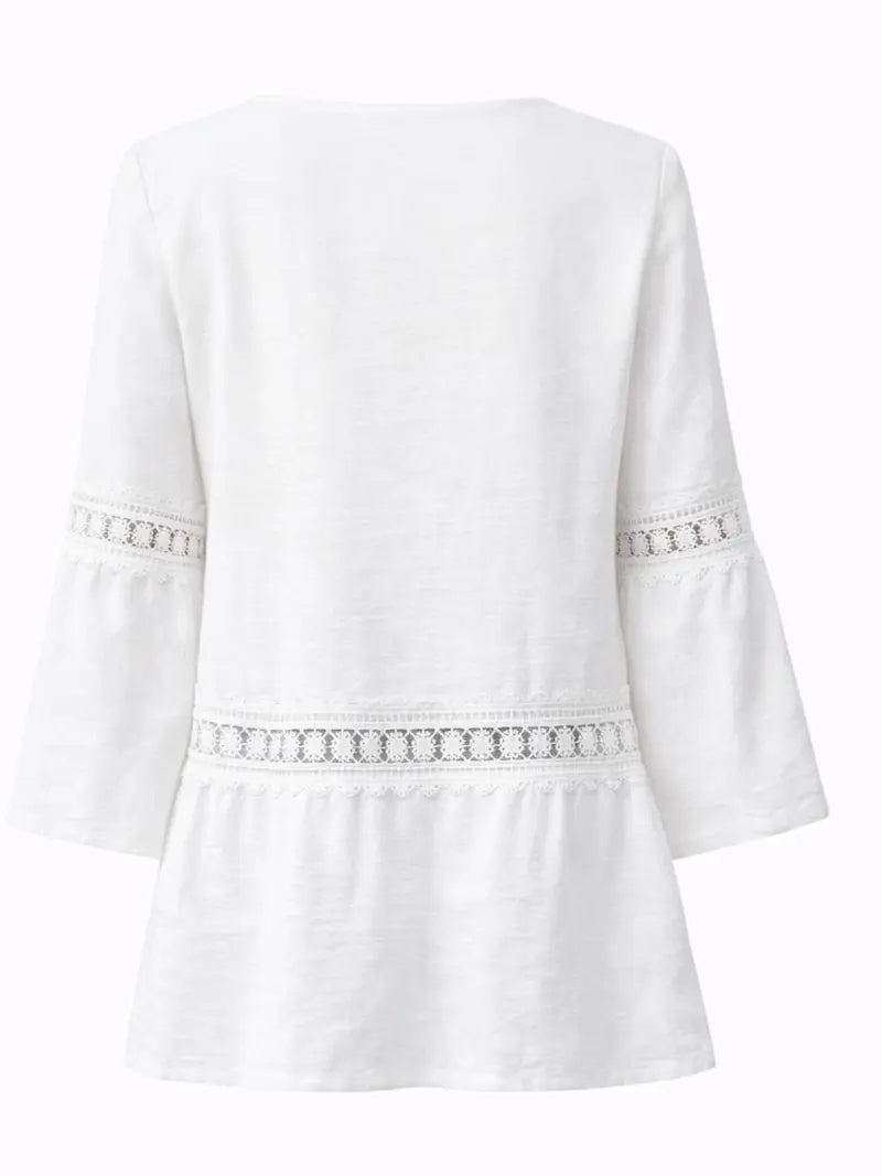 Women'S White Boho Blouse Crochet Lace Trim Bell Sleeve Tiered Flowy Top