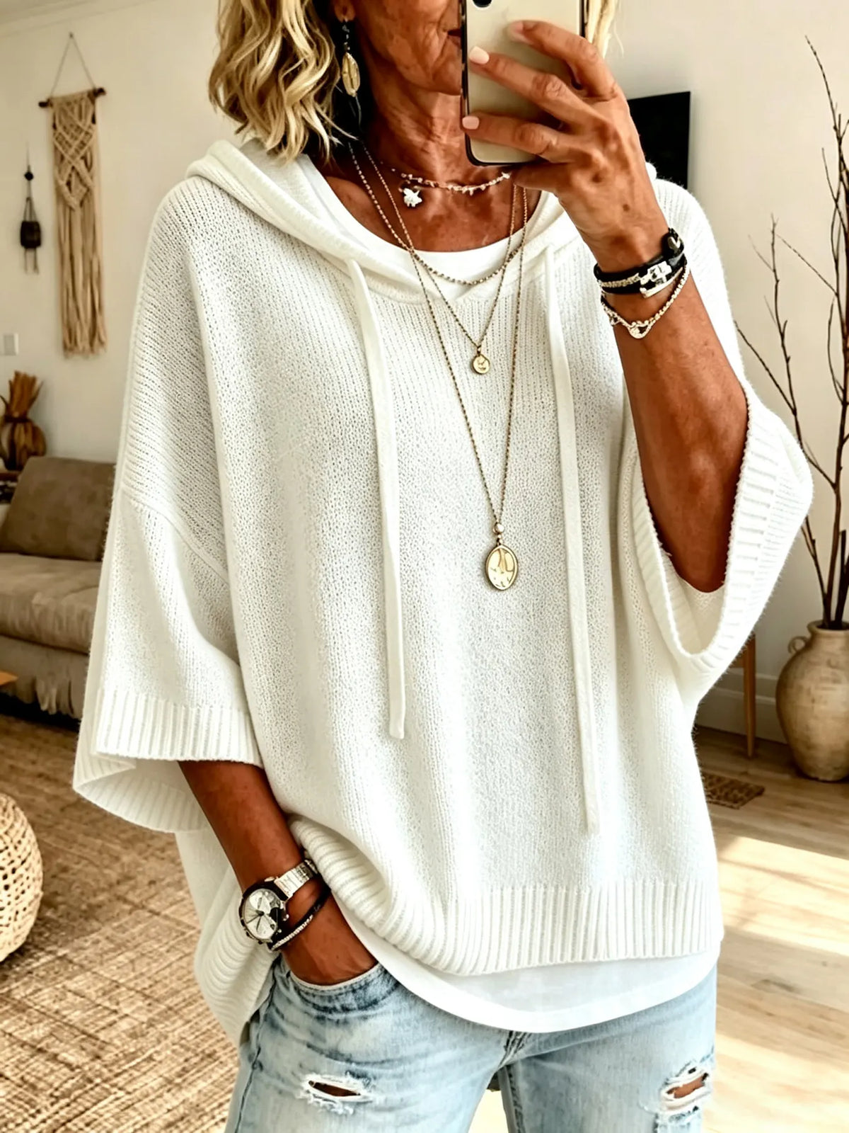 Women's Loose-Fit Knitted Hoodie With Drawstring
