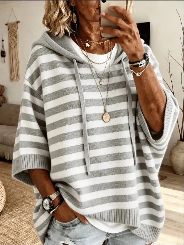 Women's Loose-Fit Stripe Knitted Hoodie With Drawstring
