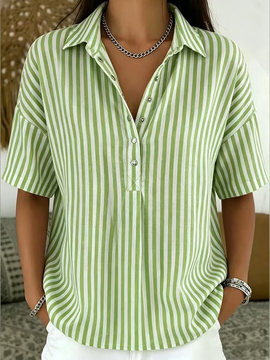 Women‘s Casual Striped Polo Collar Snap Buttons Cotton-linen Shirt