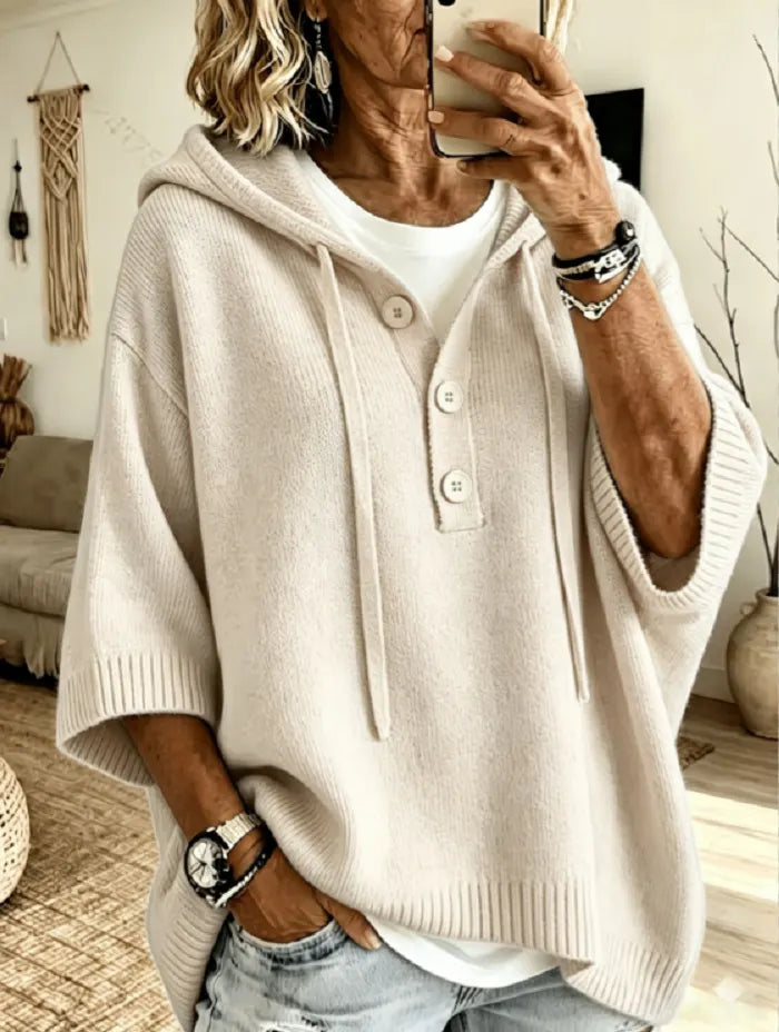 Women's Loose-Fit Stripe Knitted Hoodie With Drawstring