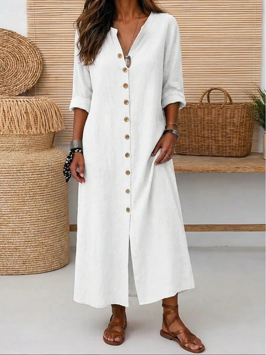 Women'S Vintage Long Sleeve V Neck Slant Pocket Button Front Linen Maxi Dress
