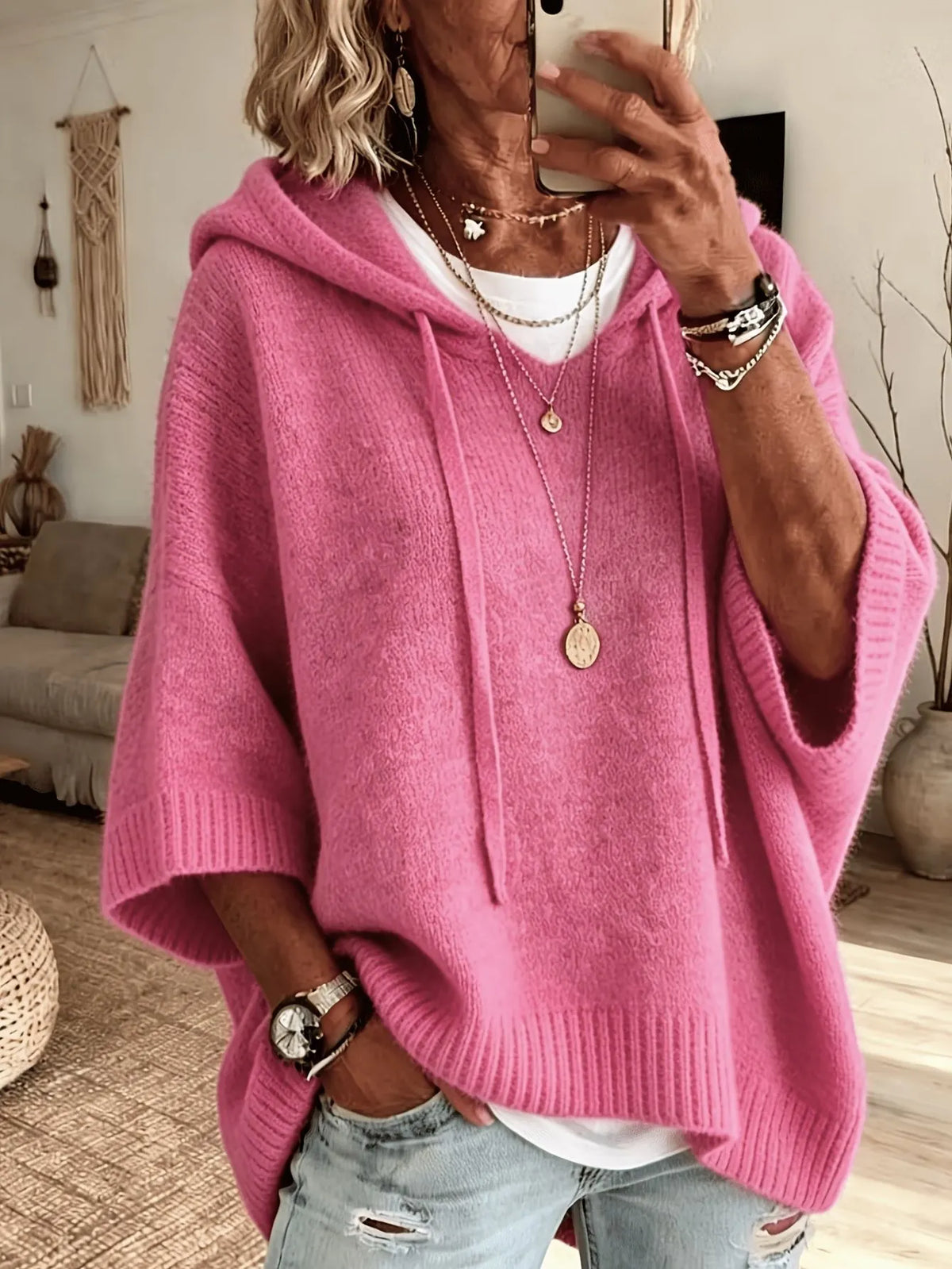 Women's Loose-Fit Knitted Hoodie With Drawstring