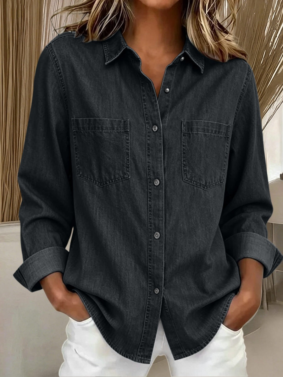 Women'S Denim Casual Shawl Collar Plain Shirt