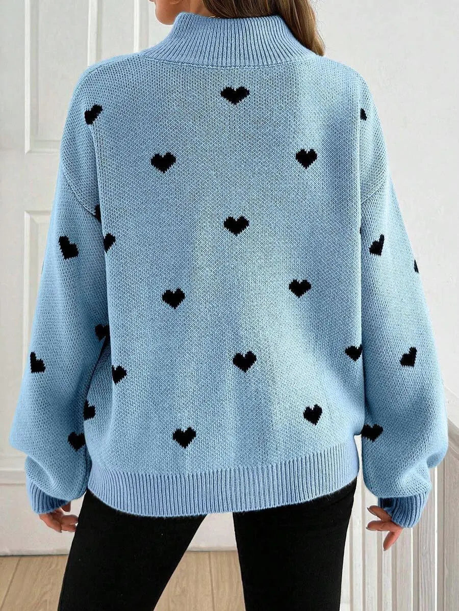 Women'S Cozy Half-zip Knit Pullover With Heart Pattern
