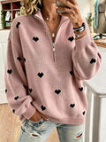 Women'S Cozy Half-zip Knit Pullover With Heart Pattern
