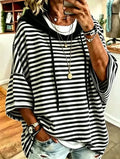 Women's New Loose Casual Striped Hooded Sweatshirt With Three-Quarter Sleeves