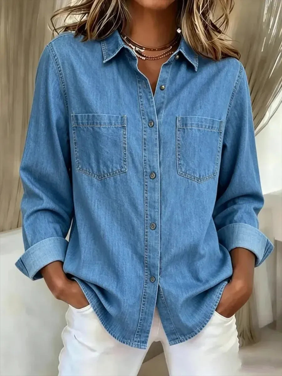 Women'S Denim Casual Shawl Collar Plain Shirt