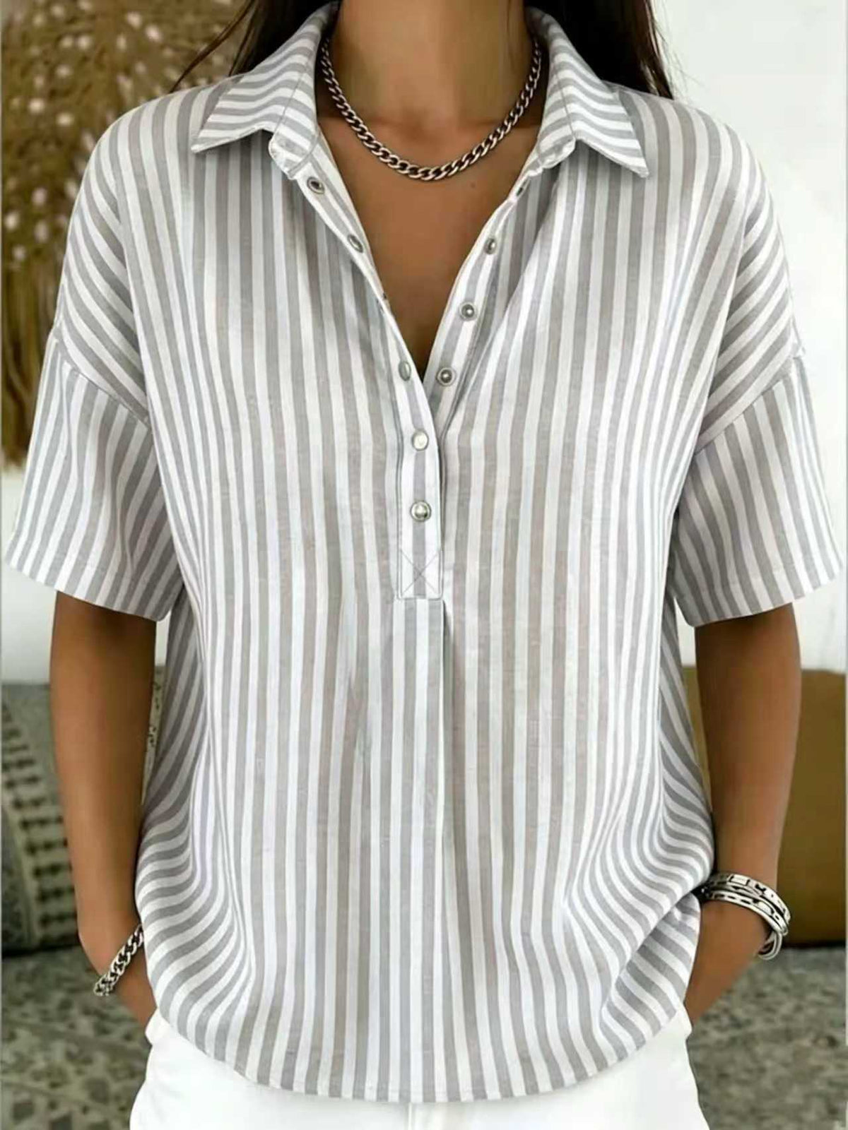 Women‘s Casual Striped Polo Collar Snap Buttons Cotton-linen Shirt