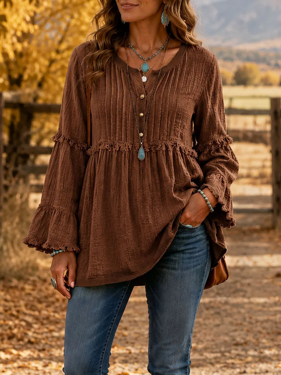 Women'S Casual Solid-Color Long-Sleeve Top, V-Neck, Pleated Design, Cotton-Linen Blend