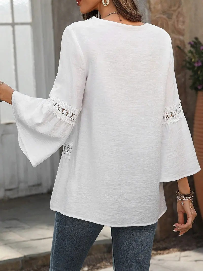 Women'S White Boho Blouse Crochet Lace Trim Bell Sleeve Tiered Flowy Top