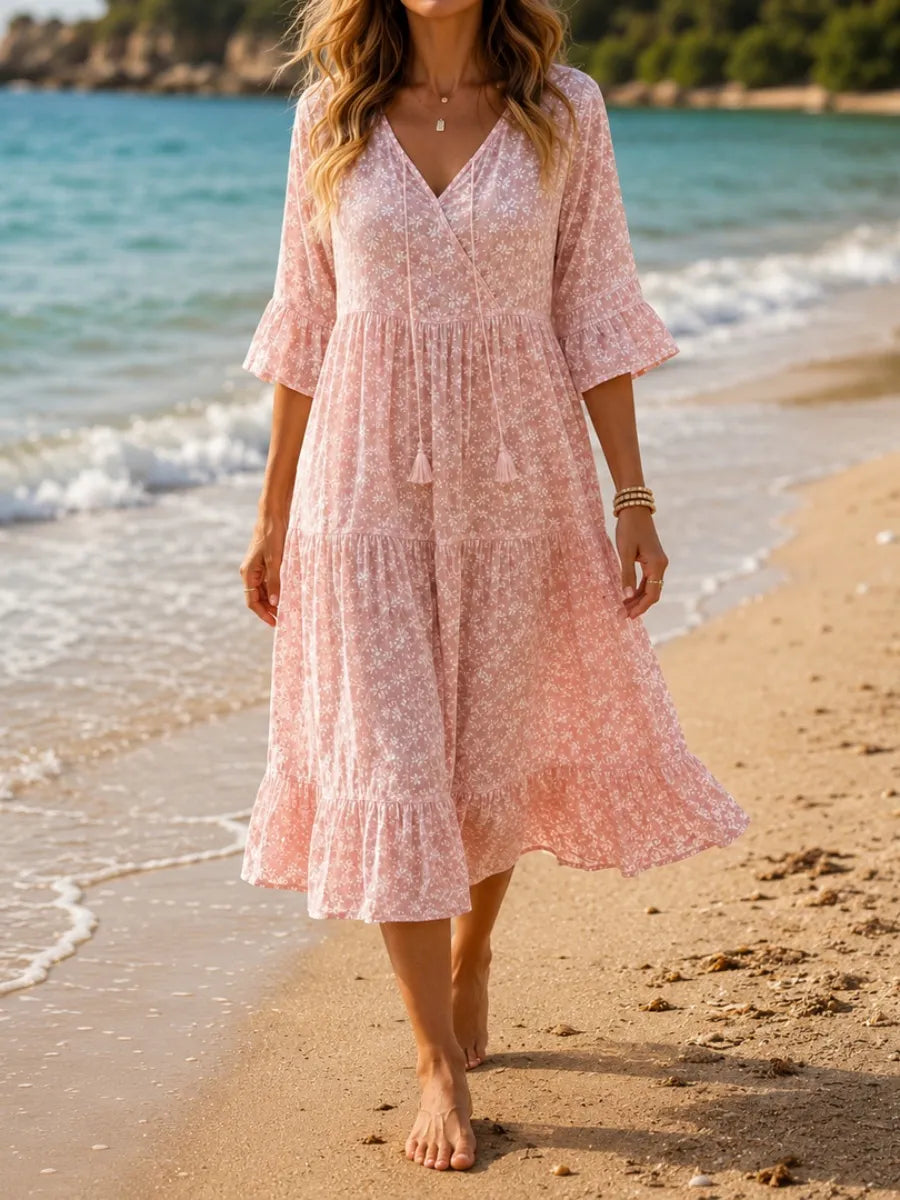Floral Tiered Midi Dress with V-Neck Tie