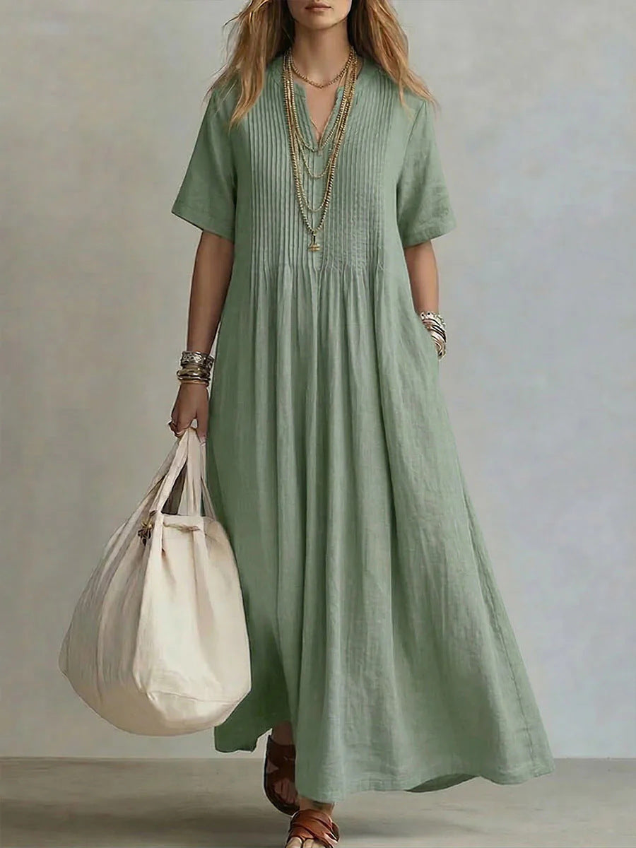 🔥 Women'S V-Neck Short-Sleeved Pleated Cotton-Linen Dress