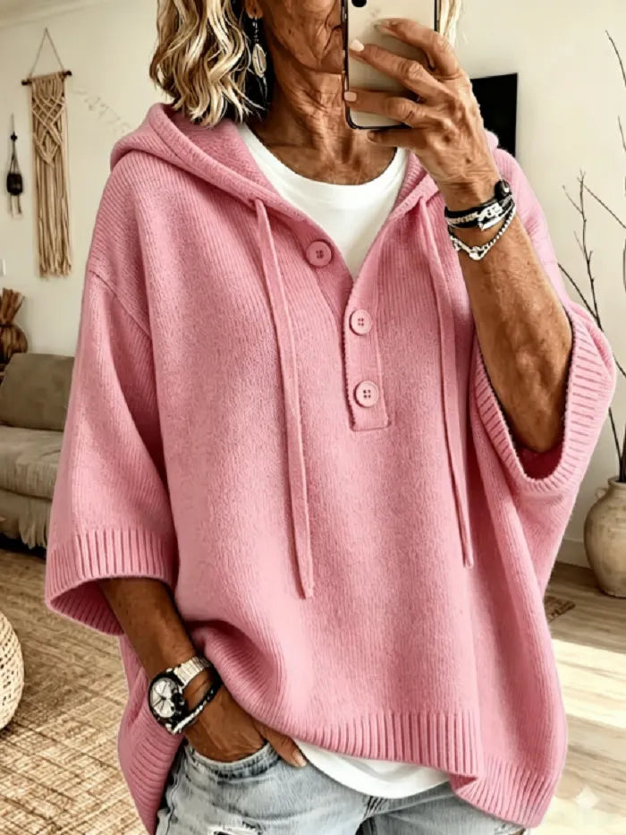 Women's Loose-Fit Stripe Knitted Hoodie With Drawstring