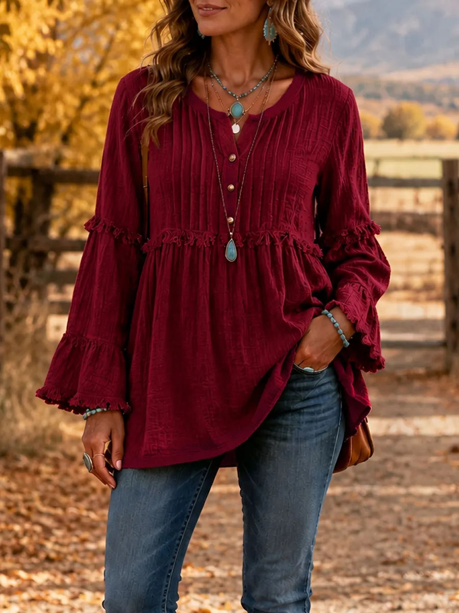 Women'S Casual Solid-Color Long-Sleeve Top, V-Neck, Pleated Design, Cotton-Linen Blend