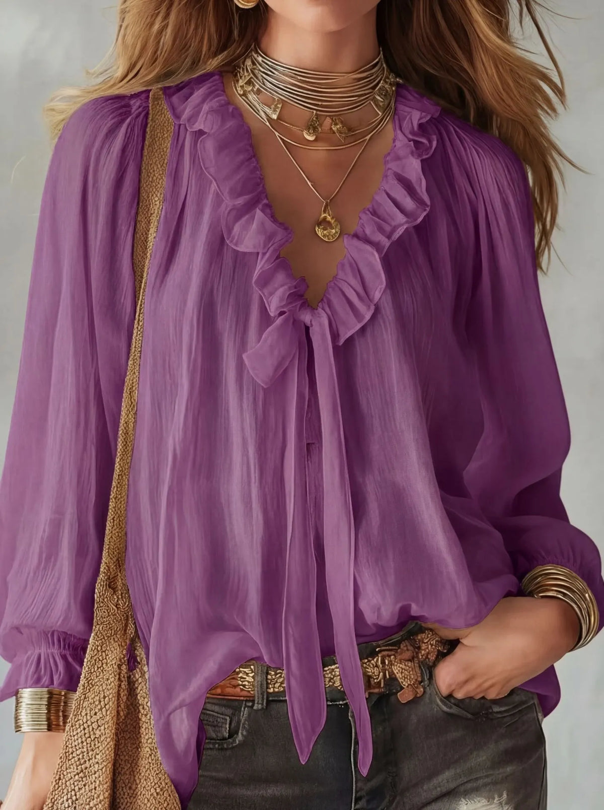 Women'S White Shirt With A Tie-Neck And Ruffle Details