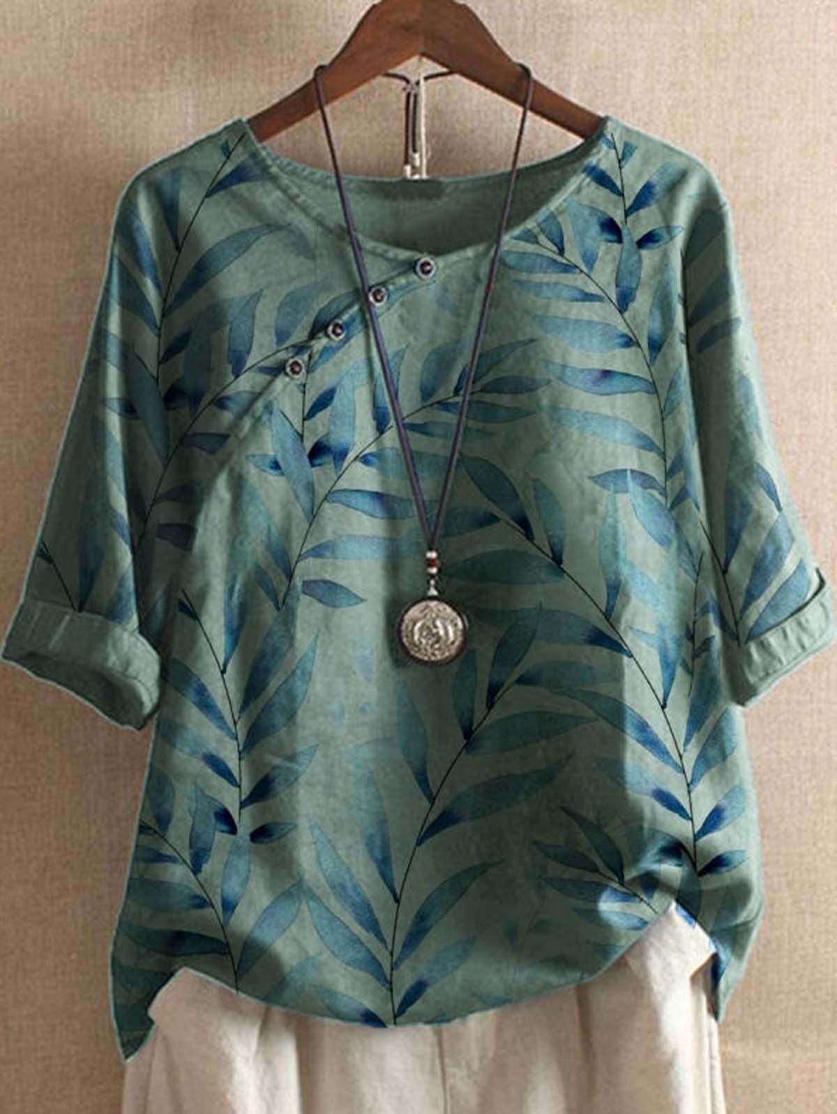 Cotton and Linen Botanical Print Crew Neck Loose Shirt