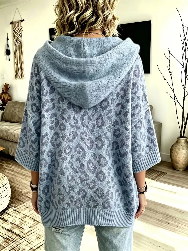Women's Loose-Fit Leopard Print Knitted Hoodie With Drawstring