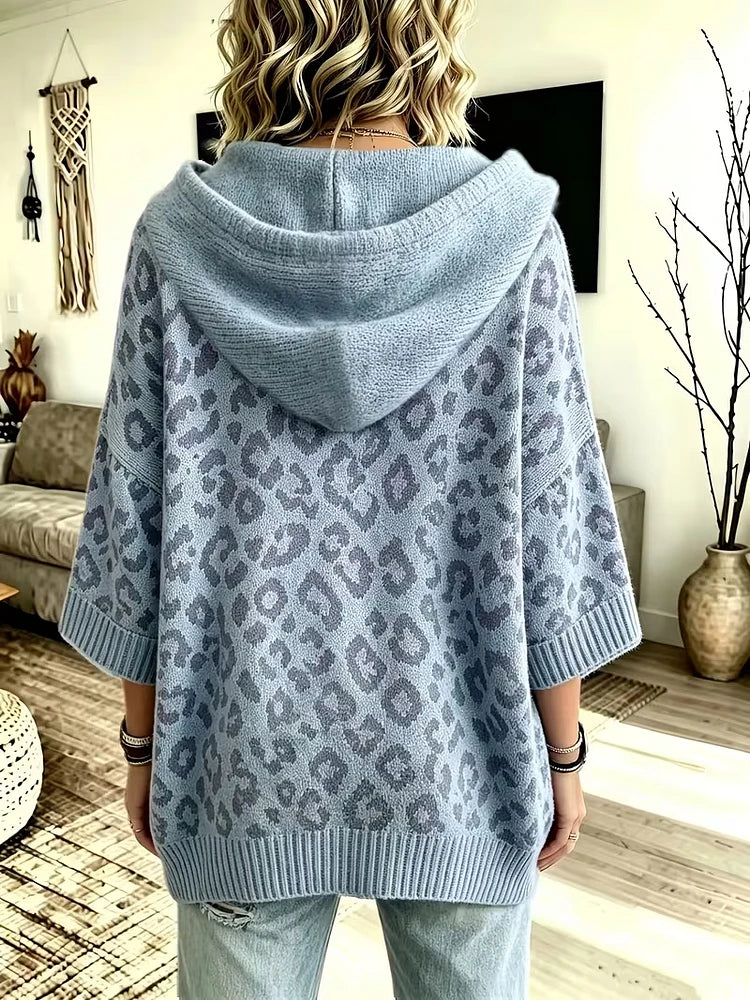 Women's Loose-Fit Leopard Print Knitted Hoodie With Drawstring