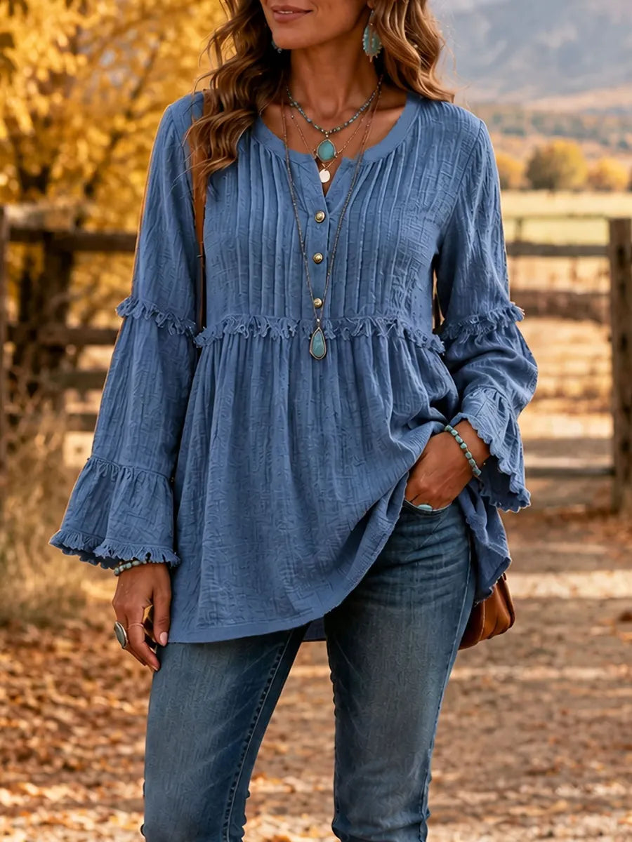 Women'S Casual Solid-Color Long-Sleeve Top, V-Neck, Pleated Design, Cotton-Linen Blend