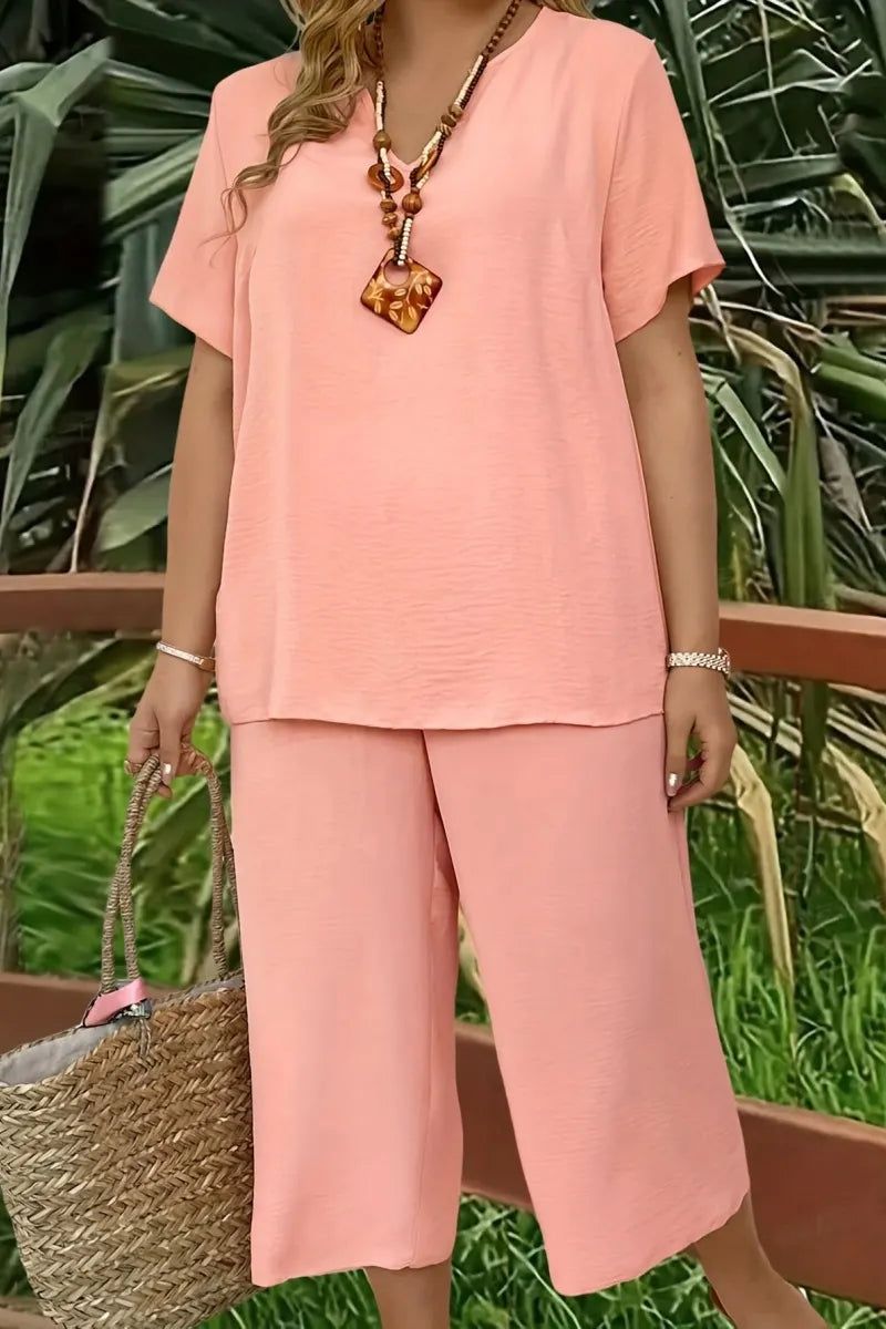 Elegant Plus Size Women's Solid Color Short Sleeve Fashion Top & Casual Wide Leg Pants Set
