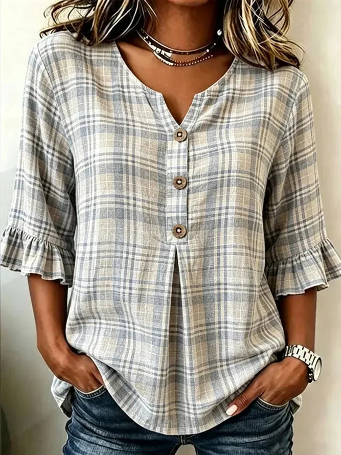 Women Plaid V Neck Half Sleeve Blouse Casual Daily Summer Top