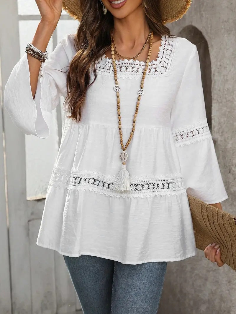 Women'S White Boho Blouse Crochet Lace Trim Bell Sleeve Tiered Flowy Top
