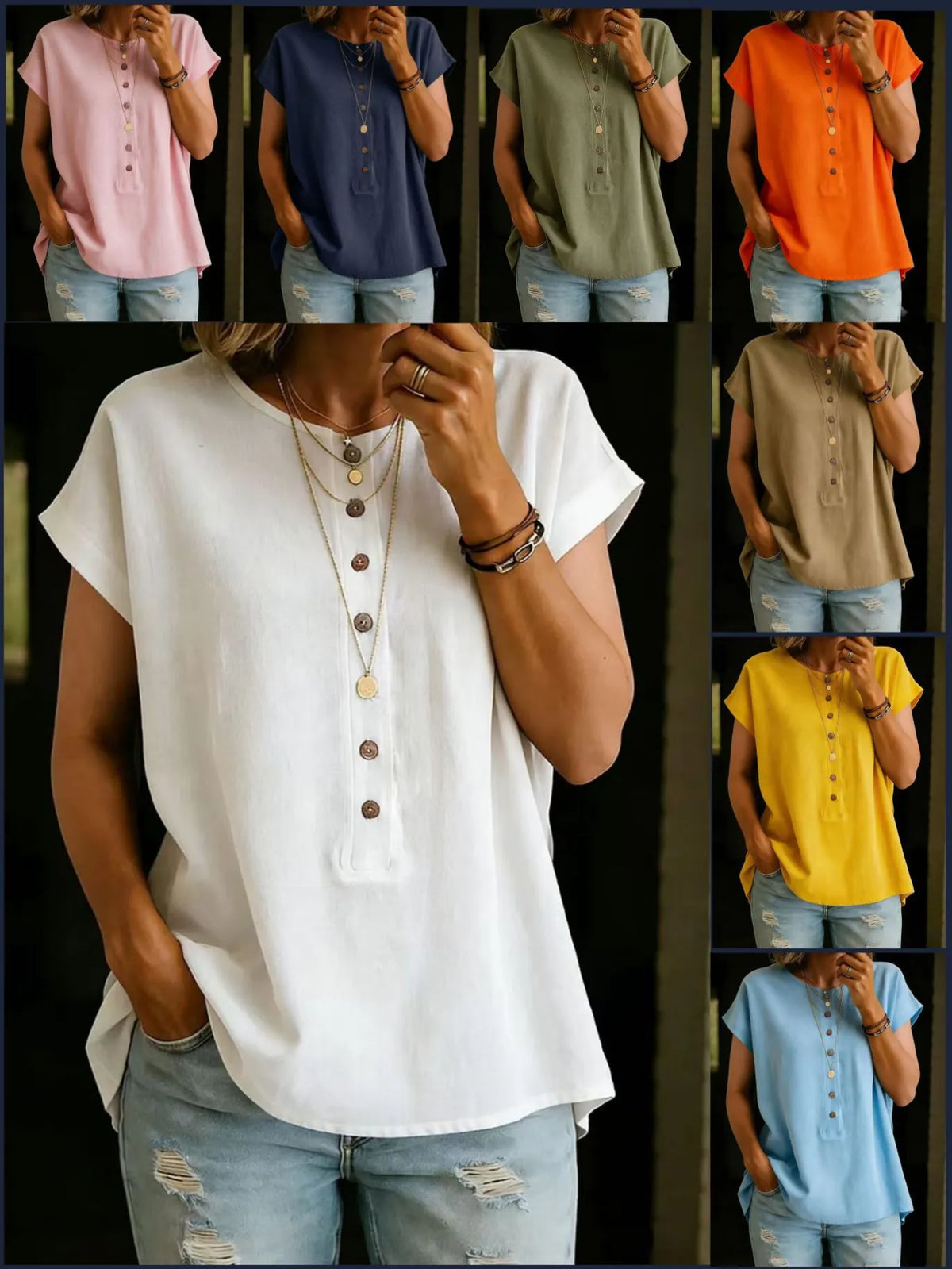 Button-Down Solid Color Elegant Retro Fashion Round Neck Short Sleeve