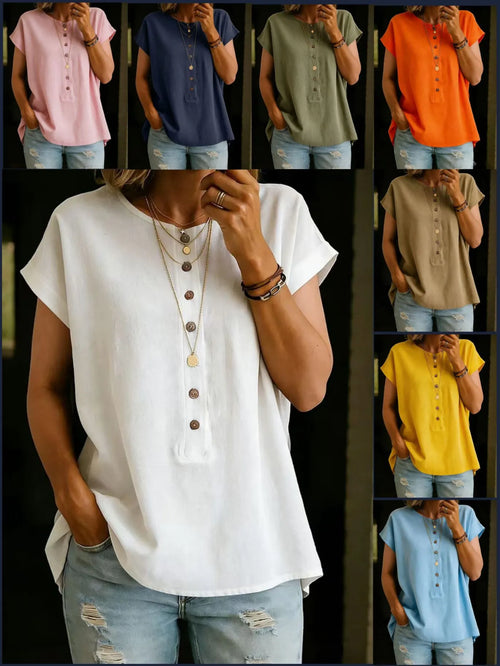 Button-Down Solid Color Elegant Retro Fashion Round Neck Short Sleeve