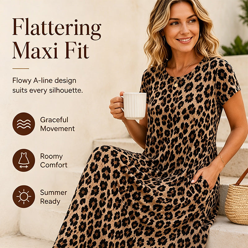 Women’s Leopard Print Maxi Dress with Pockets - Casual Short Sleeve Long Dress