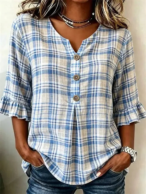 Women Plaid V Neck Half Sleeve Blouse Casual Daily Summer Top