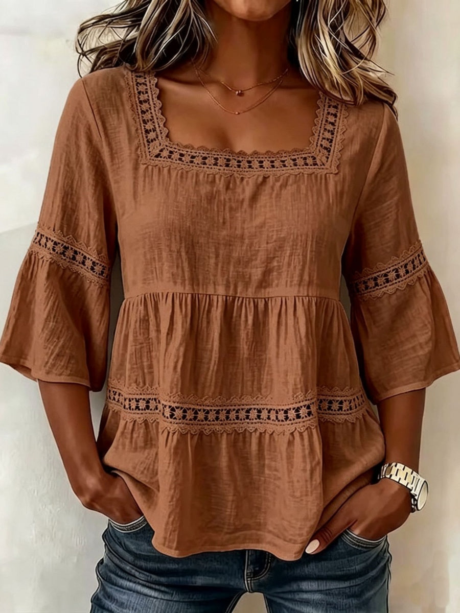 Women'S White Boho Blouse Crochet Lace Trim Bell Sleeve Tiered Flowy Top