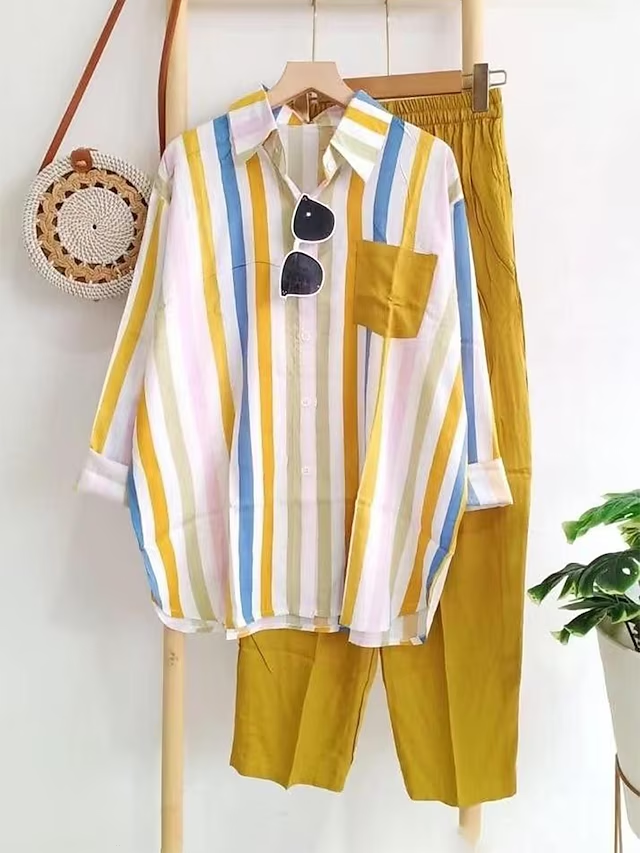 Women's Loungewear Sets 2 Pieces Long Sleeve Lapel Stripe Shirt and Wide Leg Pure Color Pants Simple Basic Casual Home Daily Going out Polyester Summer Spring Black Yellow