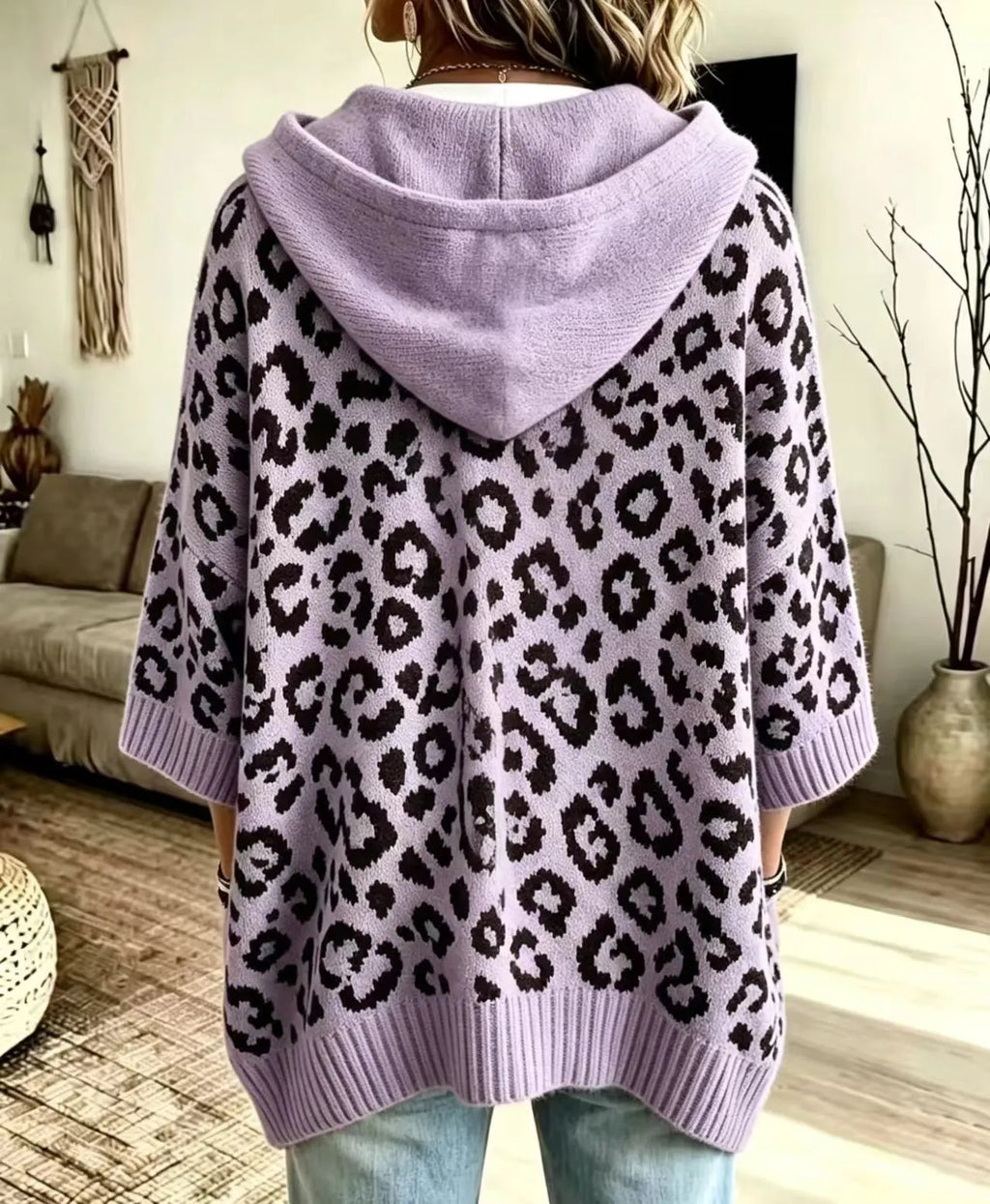 Women's Loose-Fit Leopard Print Knitted Hoodie With Drawstring