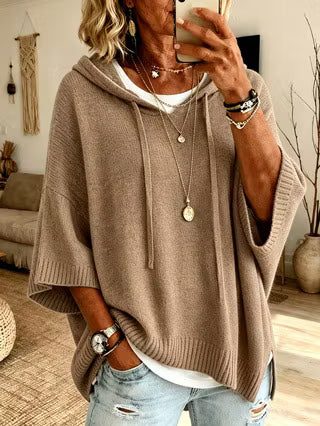 Women's Oversized Batwing Knit Hoodie Sweater – Cozy Casual Pullover Top