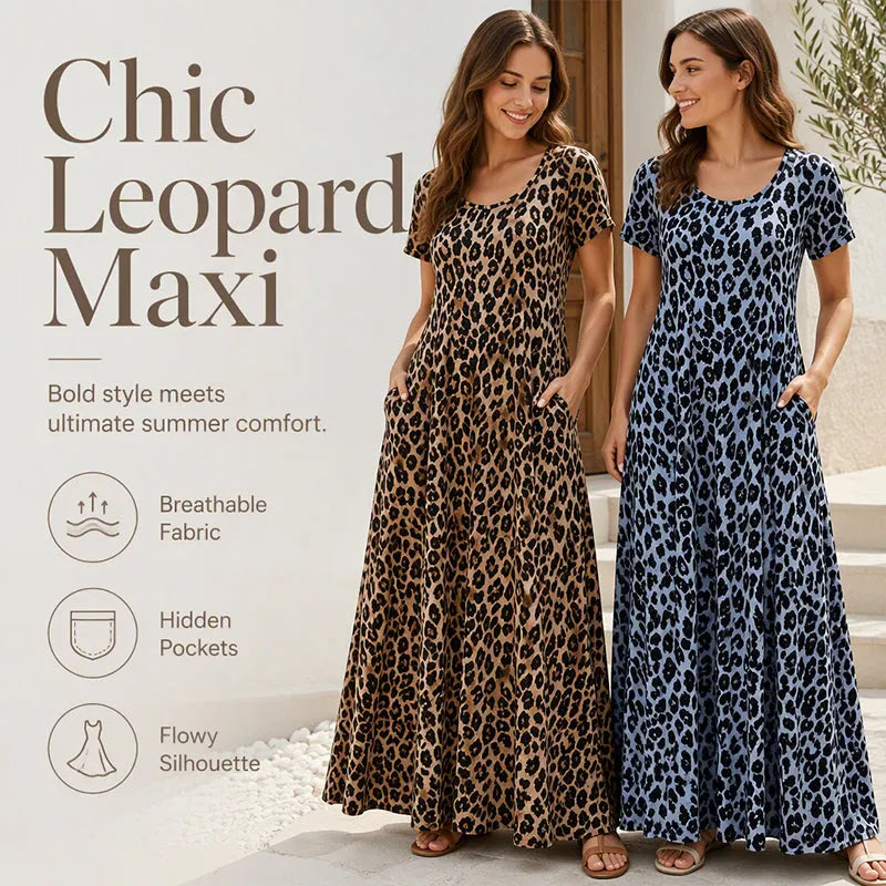 Women’s Leopard Print Maxi Dress with Pockets - Casual Short Sleeve Long Dress