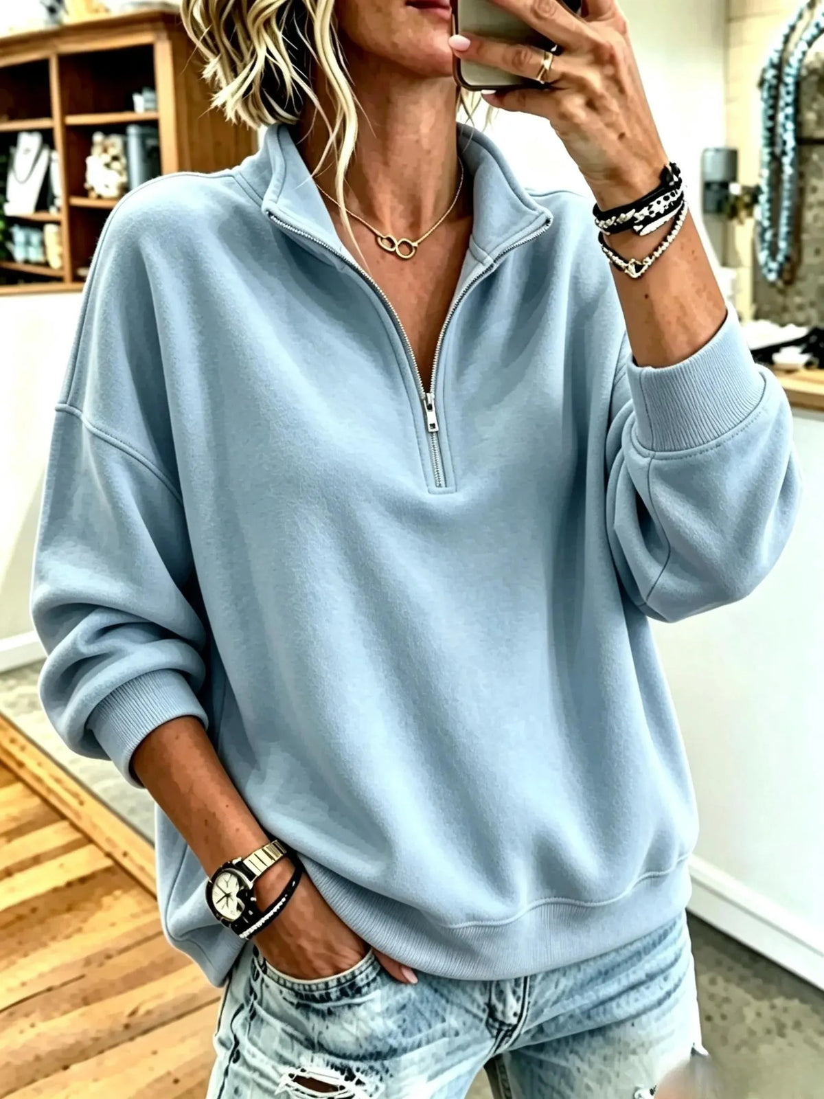 Women Plain Stand Collar Casual Spring/Fall Long Sleeve Sweatshirt