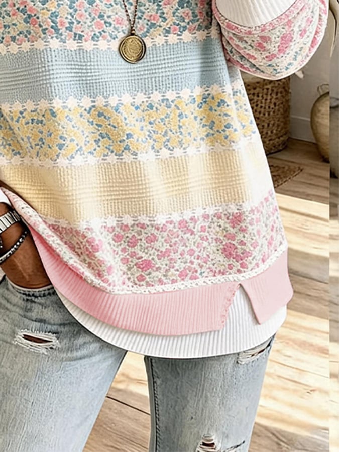 Women's Crew-Neck Printed Faux-Layered Pullover Sweatshirt