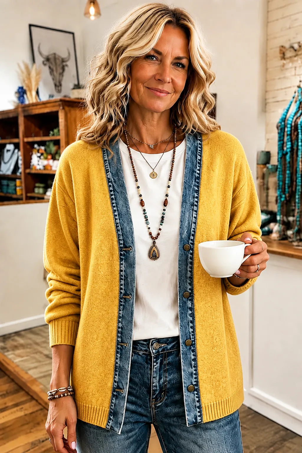 Women'S Vintage Knitted Sweater With Denim Trim Coat, Casual Long Sleeve Cardigan