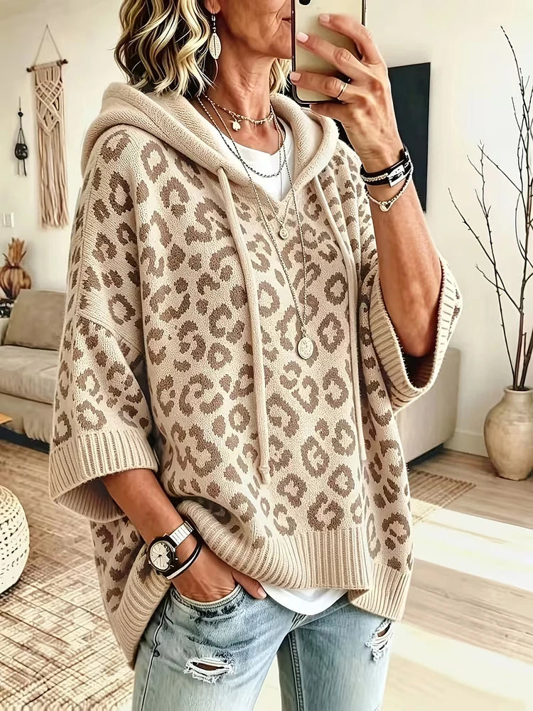 Women's Loose-Fit Leopard Print Knitted Hoodie With Drawstring