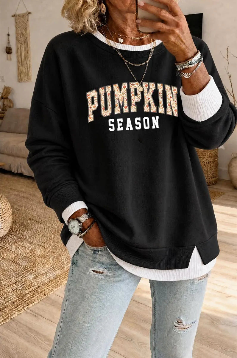 Women's Pumpkin Season Pattern  Fake Two Piece Layered Sweatshirt