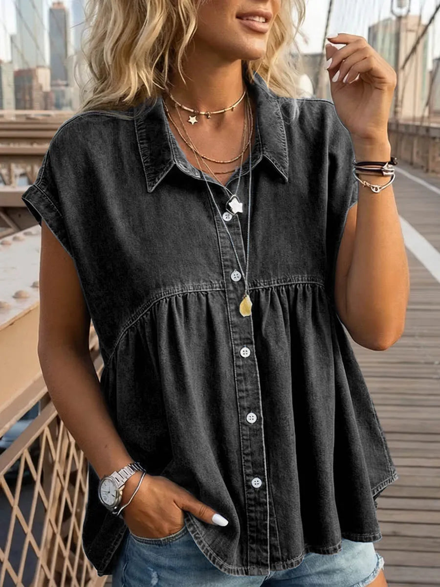 Women's Lapel Short-sleeved Casual Loose Denim Shirt